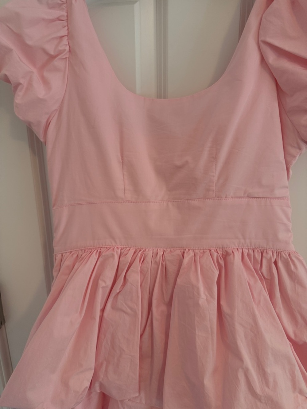 Olivaceous Pink Puff Sleeve Tiered Mini Dress with Waist Tie Small - Picture 12 of 12